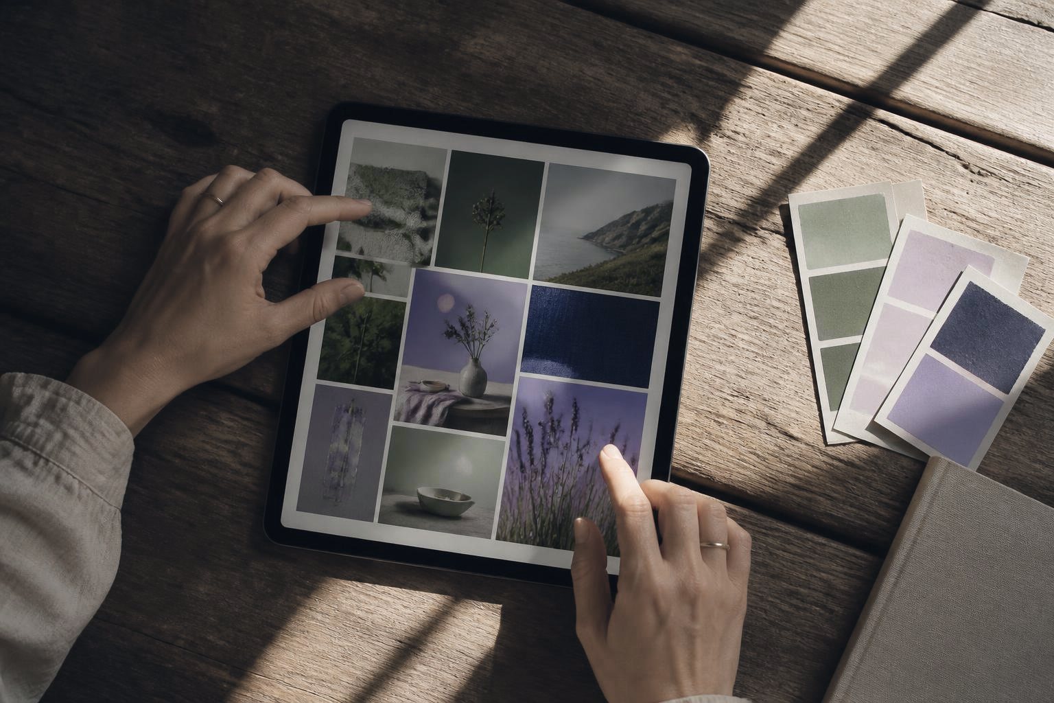 Markenworkshop: Hände zeigen auf ein digitales Moodboard auf einem Tablet, daneben Farbmuster